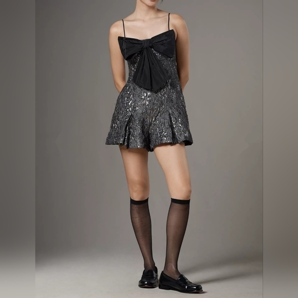 Maeve Pants - Maeve x Anthropologie Bow-Front Floral Jacquard Romper, Black Pattern, Size 16